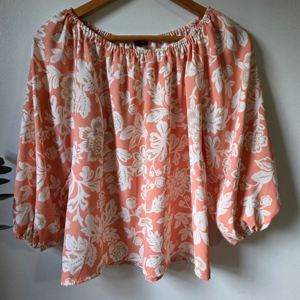 EUC ANN TAYLOR FLORAL PRINT ELASTIC BOAT NECK 3/4 SLEEVES TOP SIZE SMALL PETITE